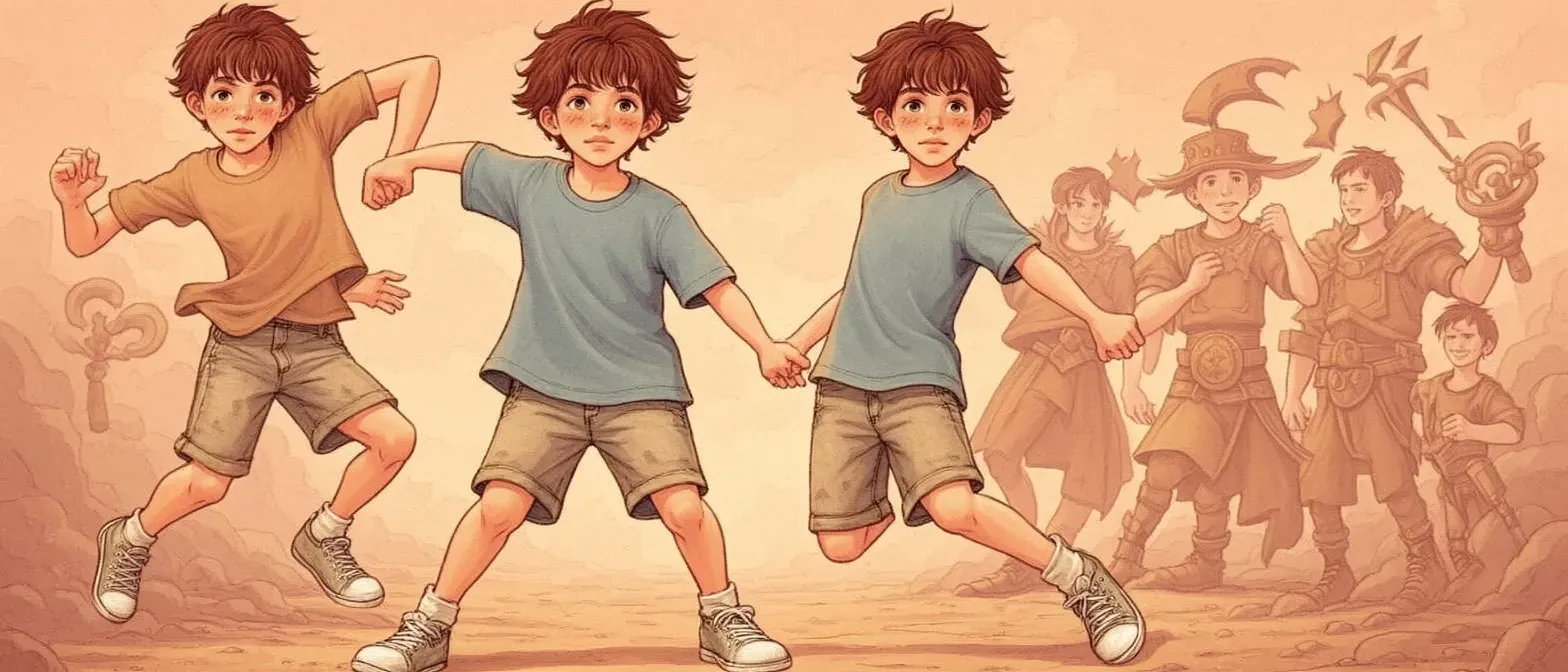 Scrawny 7-year-old boy with unruly chestnut hair, hazel eyes, pale freckled skin, wearing oversized faded t-shirt and loose shorts with scuffed sneakers.