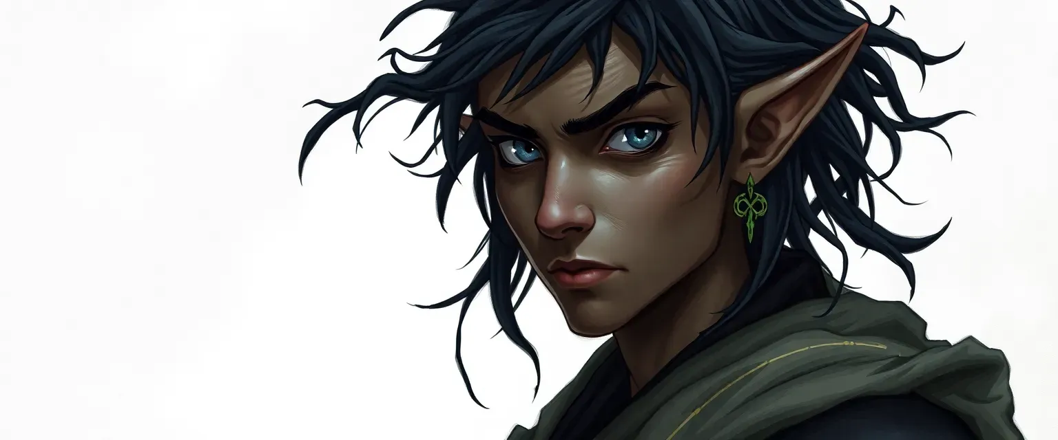 Ashen-skinned half-elf with black, tangled hair and gray eyes, wearing monk robes and druidic symbols.