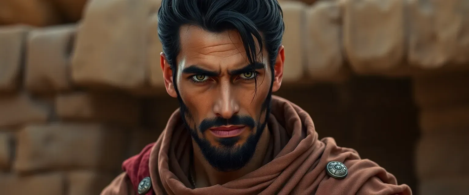 Dark-haired, late 30s Berber man with sharp features and piercing eyes, wearing traditional robes with subtle embellishments.