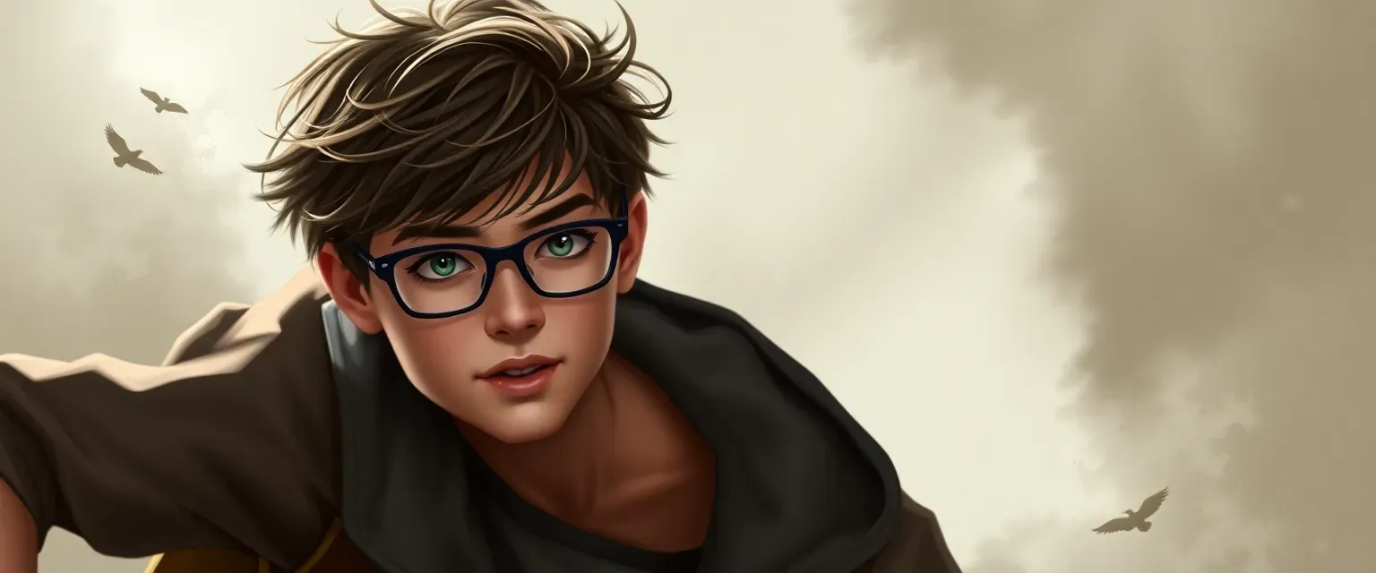 16-year-old boy, 5'7'', lean, dark brown messy hair, hazel eyes with green flecks, casual layered clothes, often wears glasses.