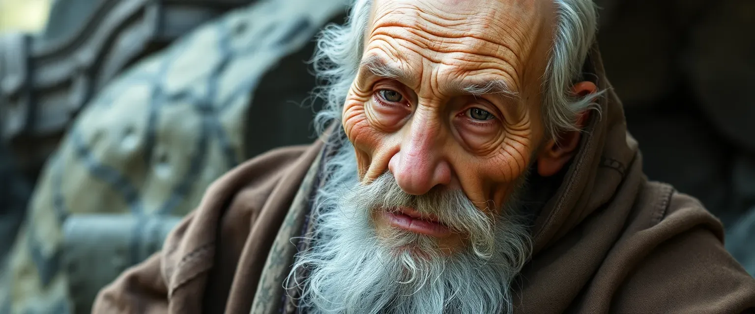 Ancient Slavic man, over 100, mute, wrinkled, toothless, wearing a faded robe.