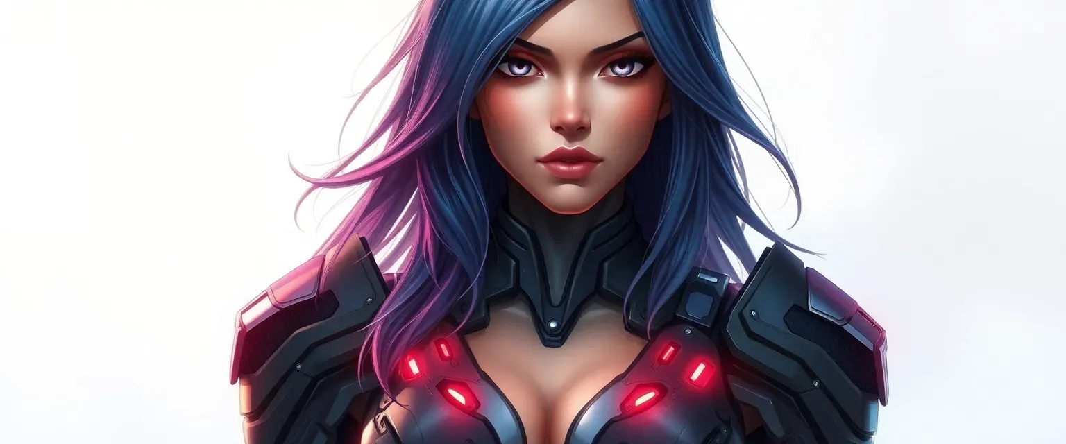26-year-old female, 98% cyborg, sleek metallic limbs, synthetic hair that changes color with mood, form-fitting armor jacket with glowing circuits.