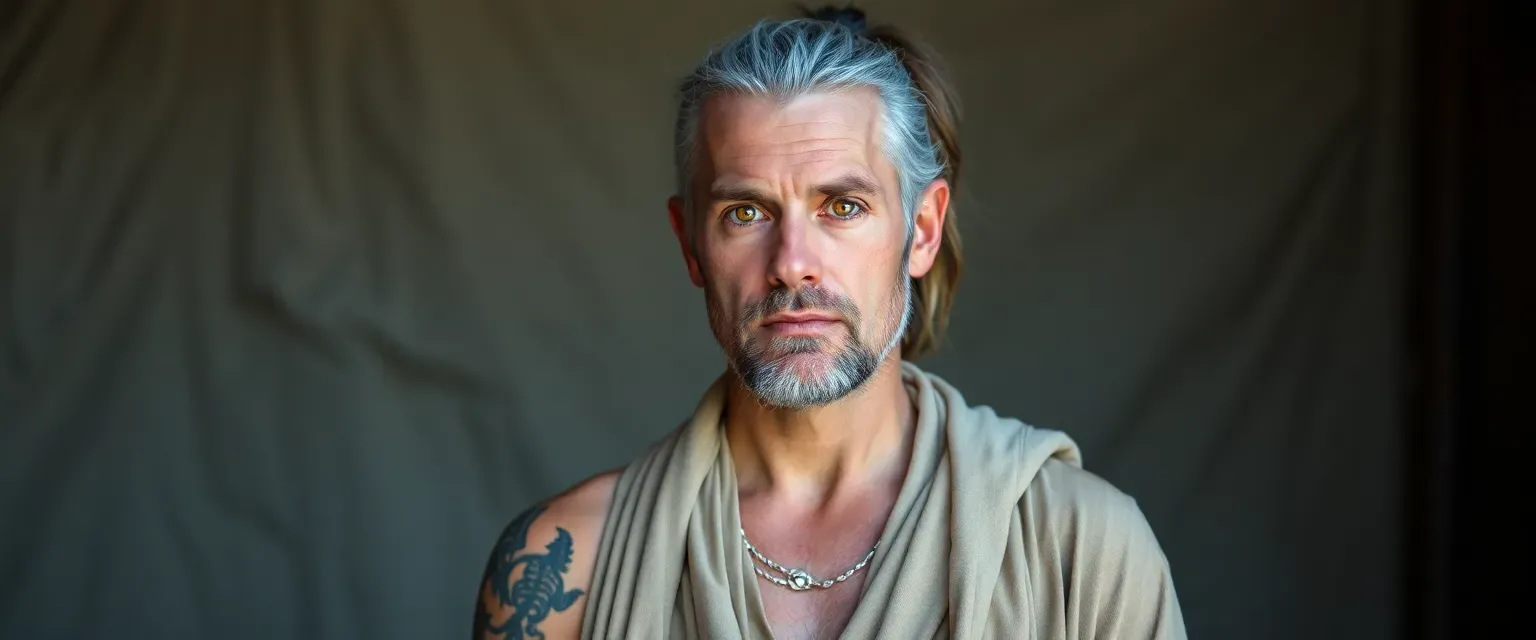 Late 40s man with gray-streaked hair in a ponytail, wearing loose robes, water tribe tattoos on arms, amber eyes.