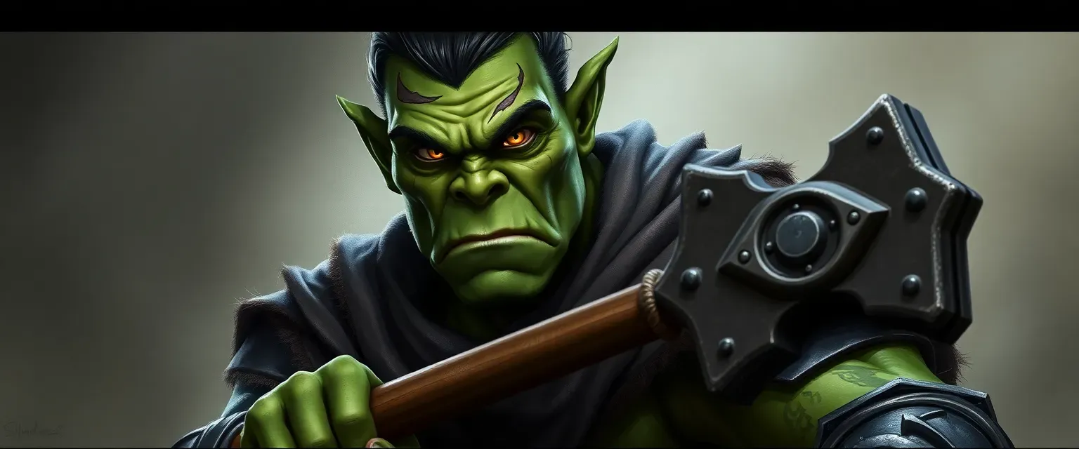 Young male orc with green skin, scars, yellow eyes, wearing dark armor and a tattered cloak, wielding a warhammer.