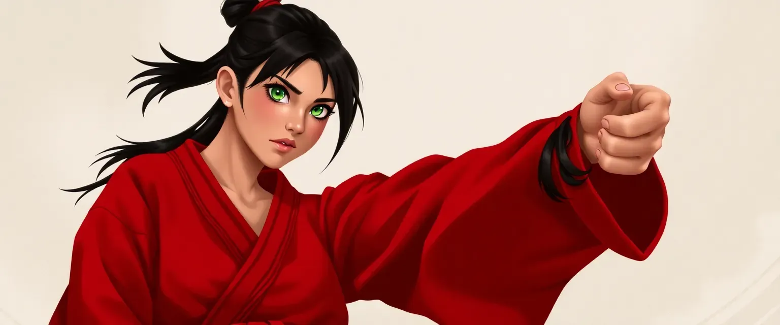 18-year-old Toga Atomi, black ponytail, green eyes, crimson martial arts uniform, black belt.
