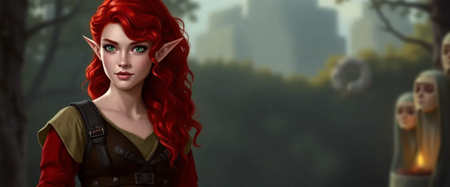 Half-elf woman, mid-20s, curly red hair, bright green eyes, practical dress, sturdy boots.