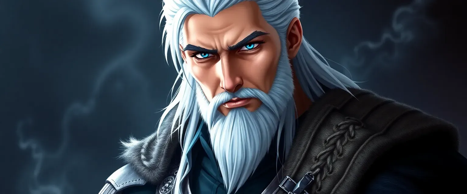 A tall, muscular man with white hair and piercing blue eyes, dressed in a mix of military and mage attire.