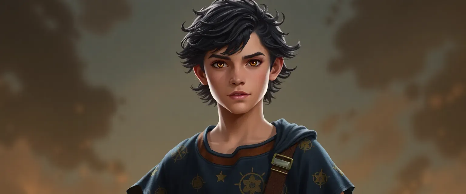 16-year-old boy with dark, wavy hair and celestial-patterned tunic, lean and youthful.