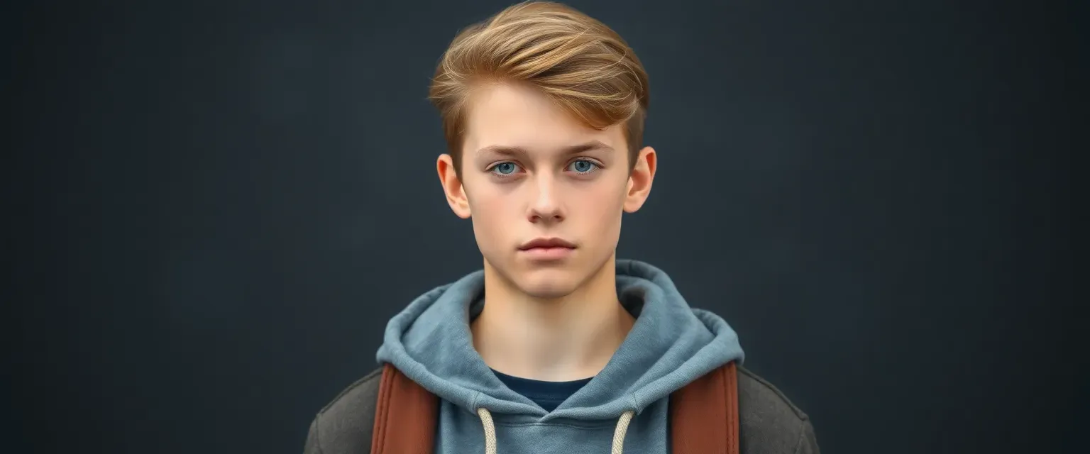 16-year-old boy with sandy brown hair and blue eyes, athletic build, wearing a hoodie and jeans.