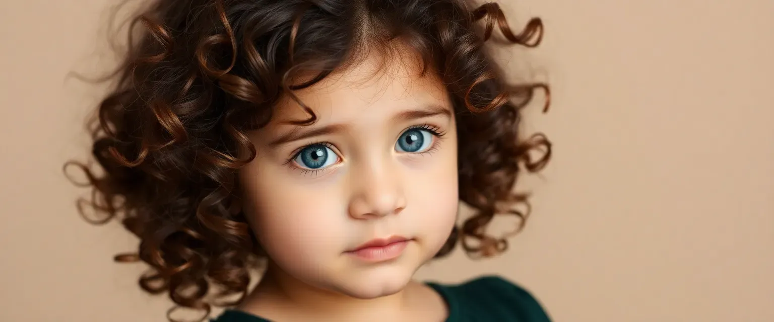 A 5-year-old girl with dark brown curly hair, azure eyes, in a dark green or black dress, hair half-up.
