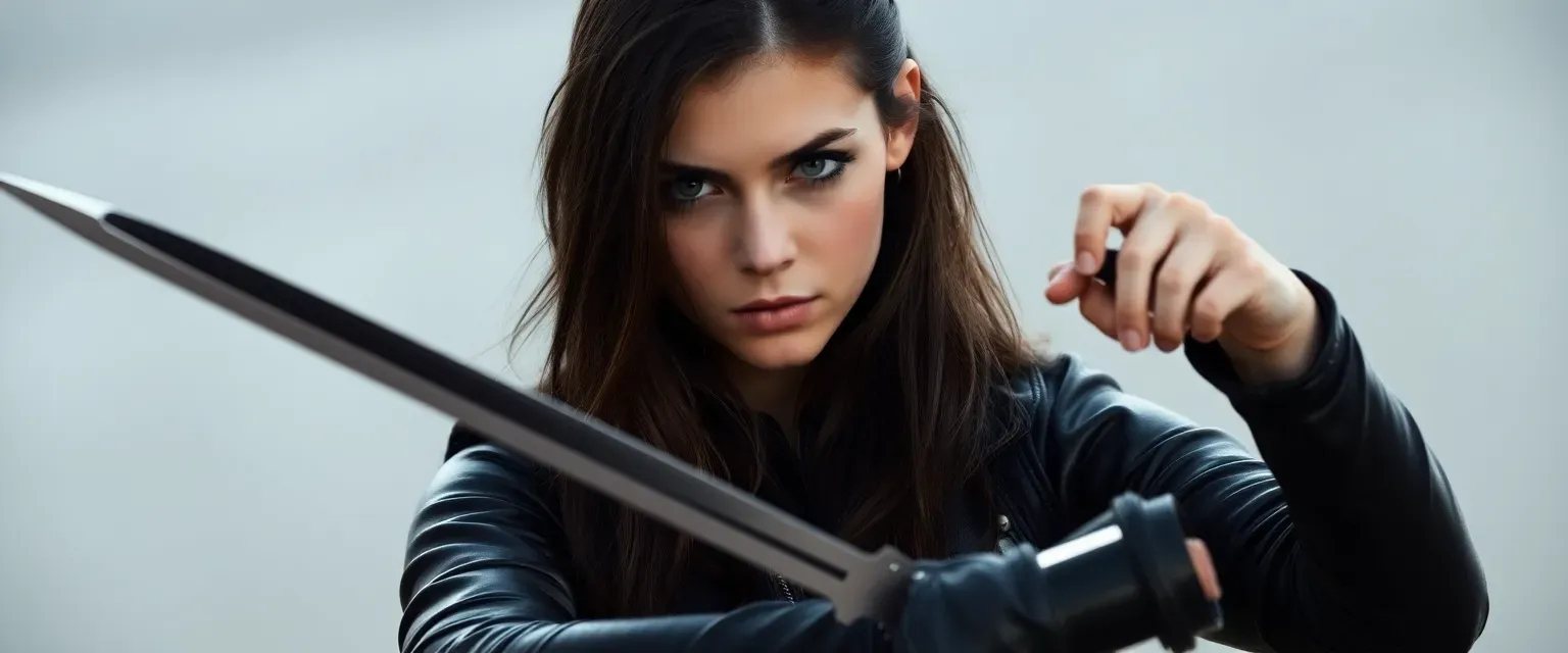 18-year-old Tory with long dark brown hair, light brown eyes, in black leather outfit, skilled with daggers.