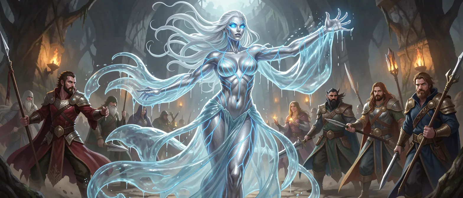 Translucent water elemental woman in flowing liquid robes, long tendril hair, azure pool eyes, shimmering silver skin with blue veins, ethereal and damp, mid-20s appearance.