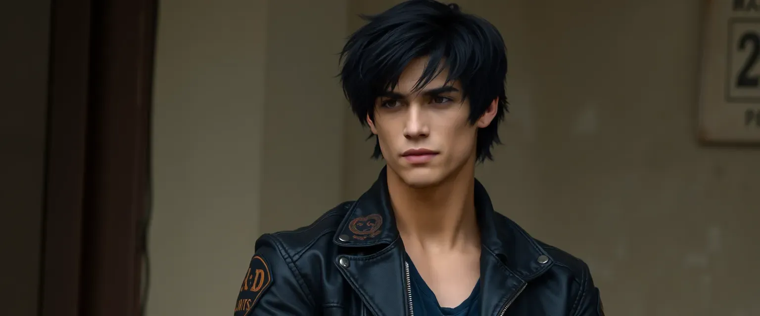 21-year-old, lean, muscular, jet-black messy hair, contemplative gaze, leather jacket with band patches, sturdy boots, jeans.