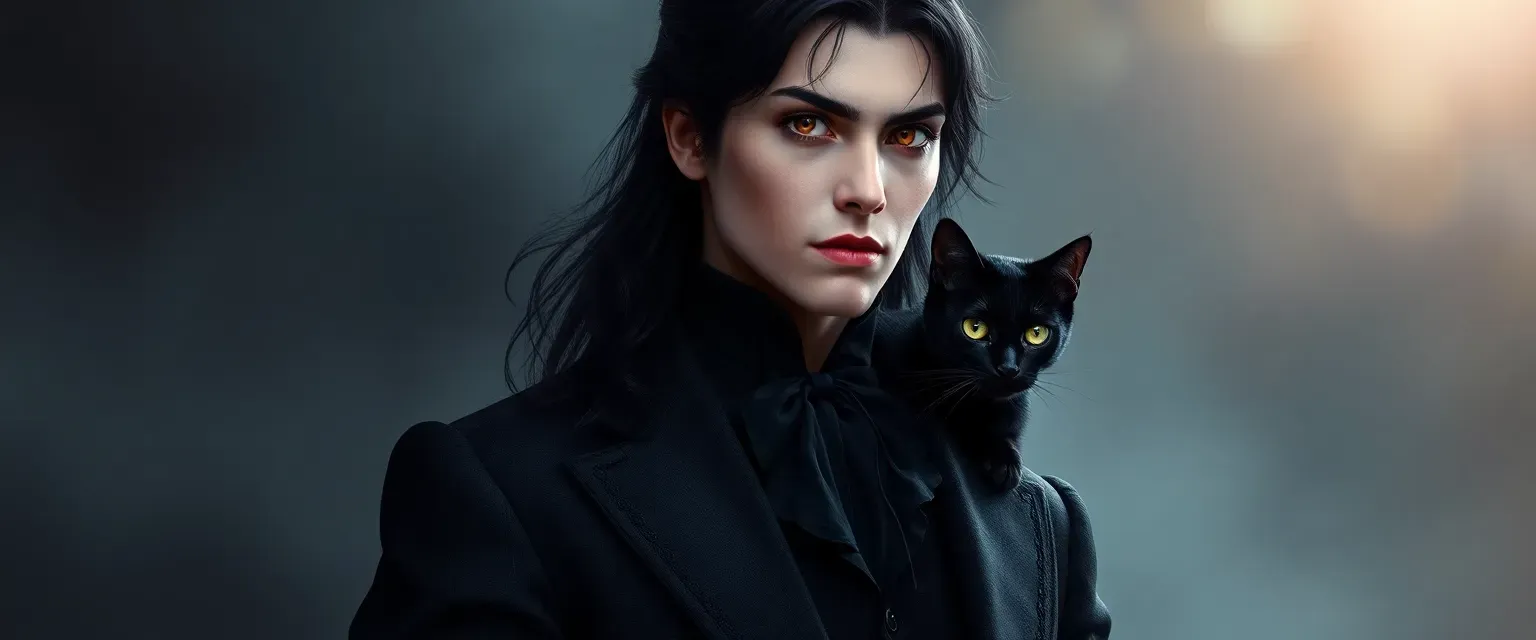 A tall, elegant vampire with jet-black hair, amber eyes, and feline features. Dressed in dark Victorian-style clothing with cat-like grace. Can transform into a sleek black cat.