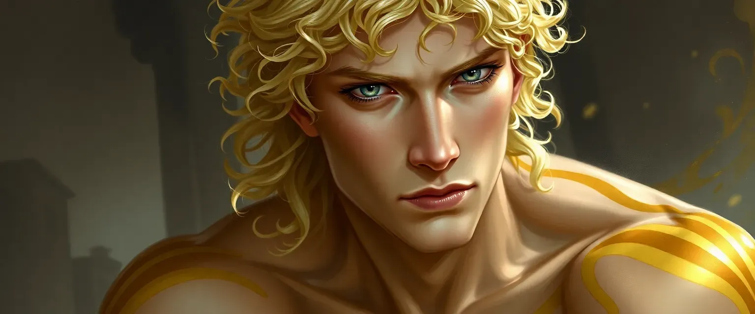 Aasimar man, early 30s, pale skin, curly yellow hair, shining grey eyes, golden body markings.