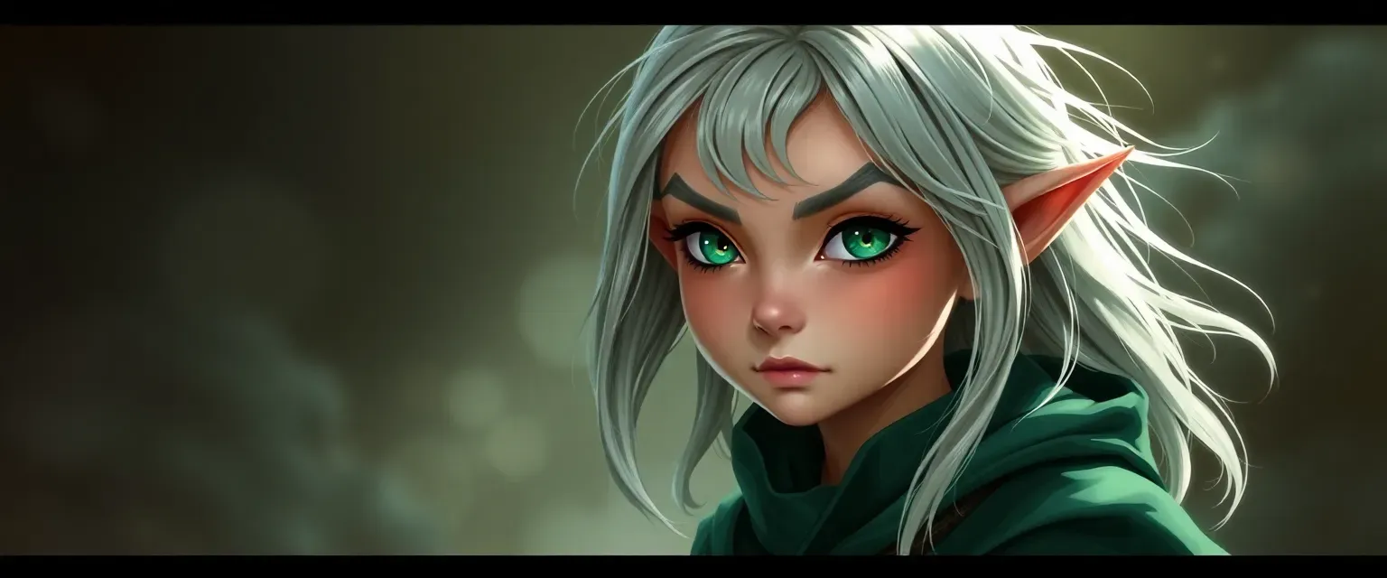 A petite halfling woman with emerald eyes and silvering hair, wearing a modified cleric's robe in deep green.