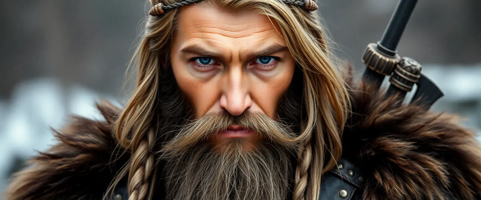 Young Slavic tribal leader with light skin, long hair, and a beard, dressed in fur and leather.