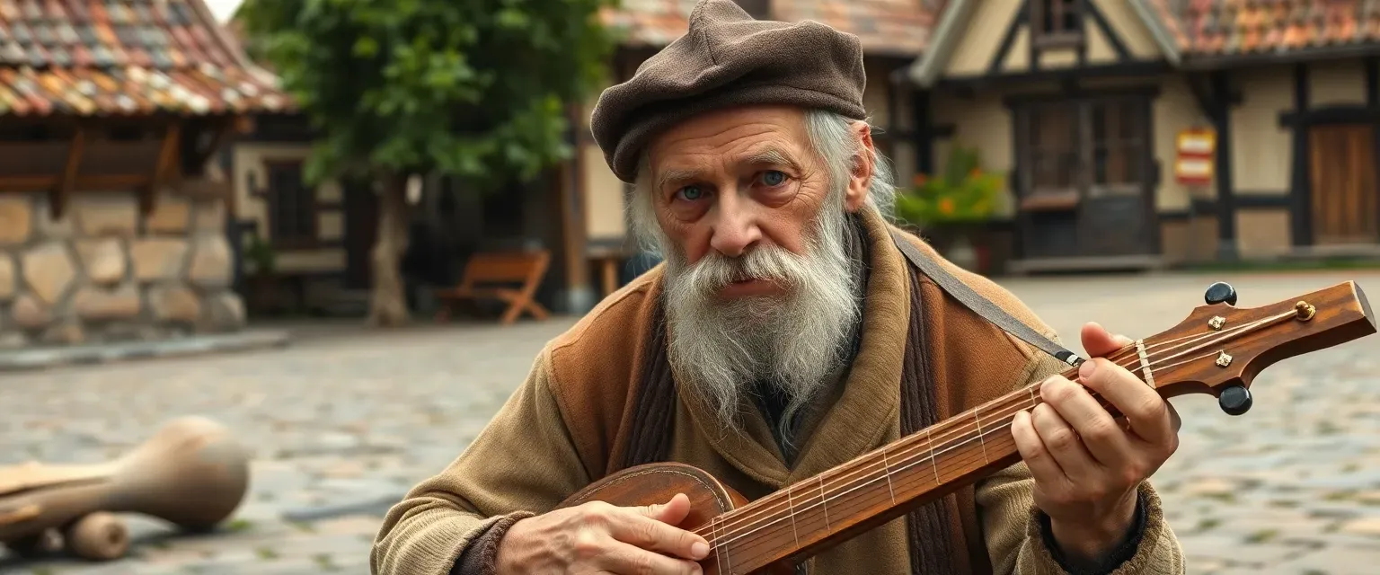 An ancient Slavic man, over 100, mute, wrinkled, playing a one-stringed wooden instrument in a village square.