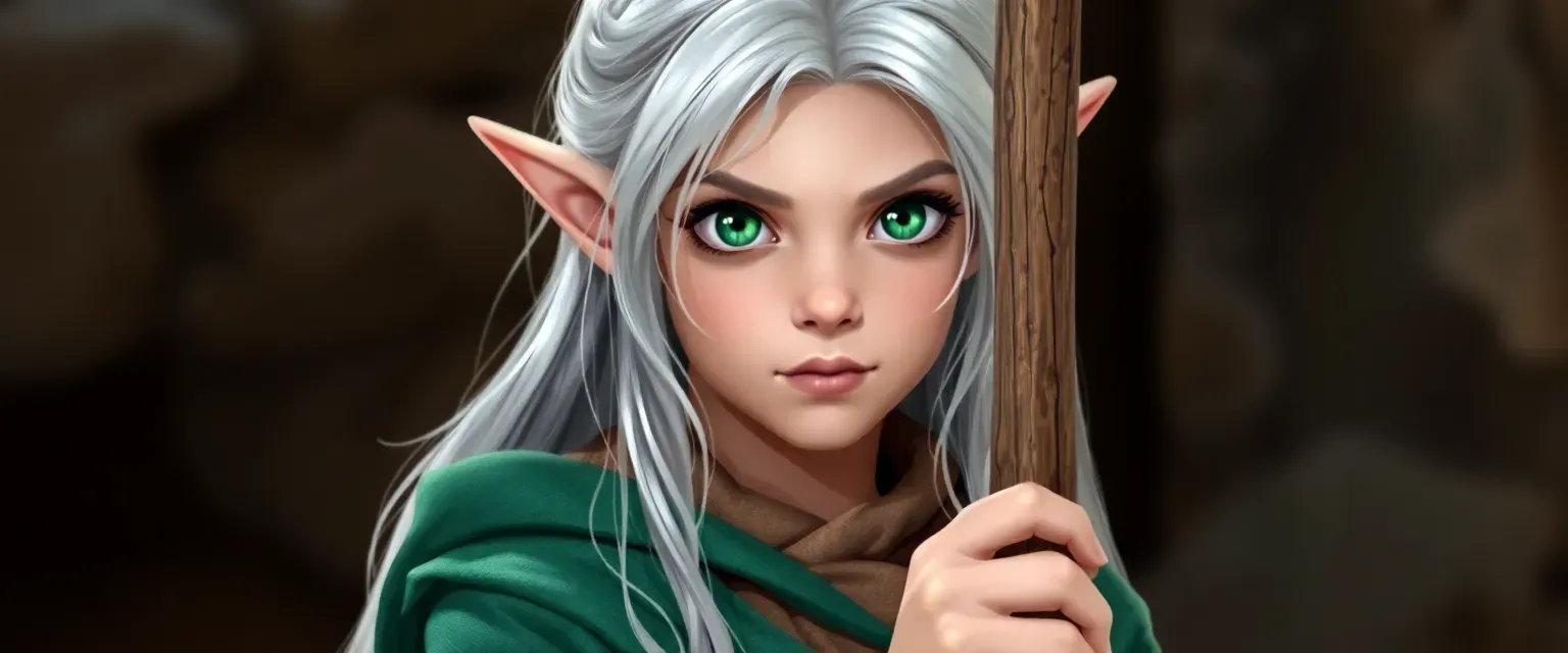 Young elven mage apprentice with long silver hair, emerald eyes, wearing green and brown robes, holding a wooden staff.