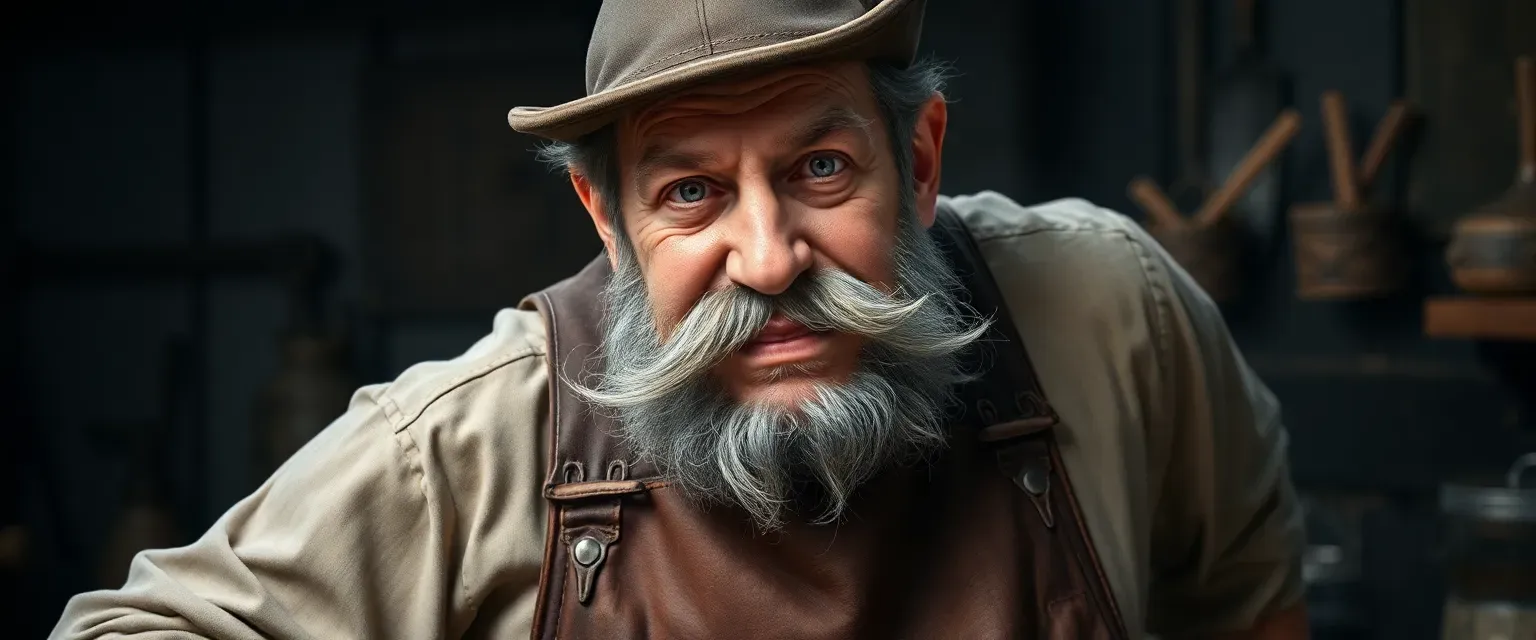 A fifty-year-old Slavic butcher with a hunched back, strong arms, and long gray mustaches, wearing a stained leather apron.