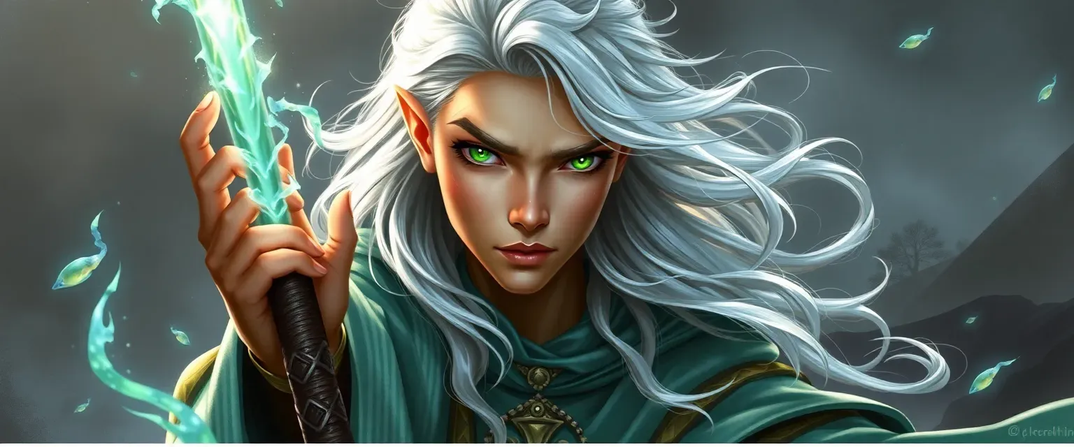Silver-haired Eladrin sorcerer with bronze skin and green eyes, wearing seafoam and bronze robes.