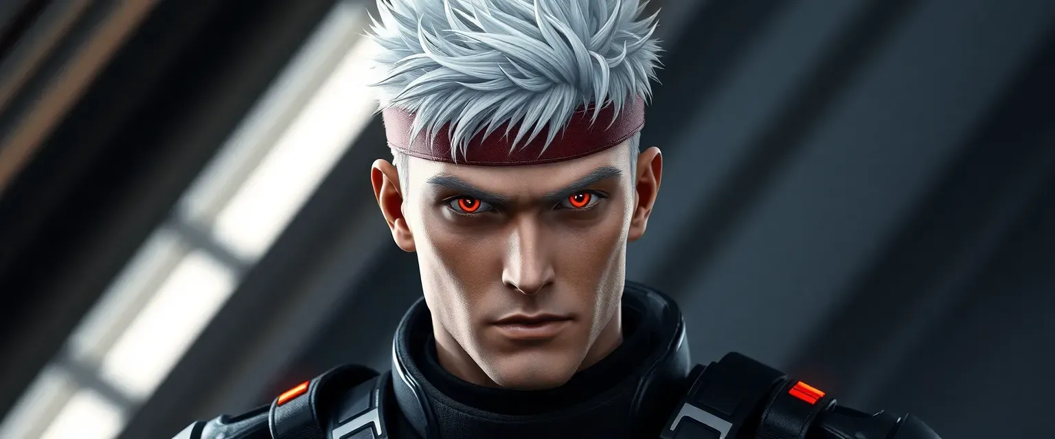 32-year-old man with short, spiky white hair, silver highlights, glowing red eyes, sharp jawline, black tactical suit with red and silver accents, red band with XIII on forehead.