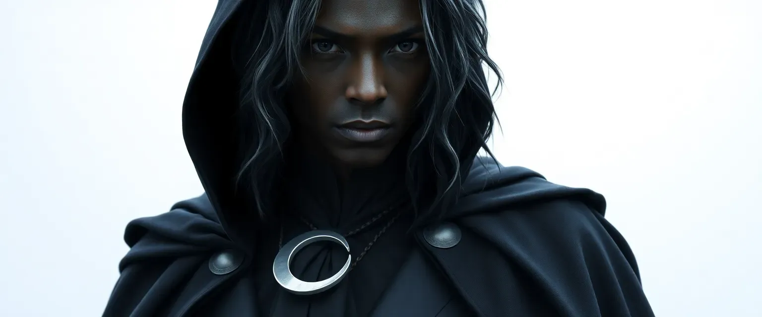 Late thirties, tall, lean, deep ebony skin, silver-streaked black hair, dark cloak, charcoal tunic and trousers, silver crescent moon brooch.