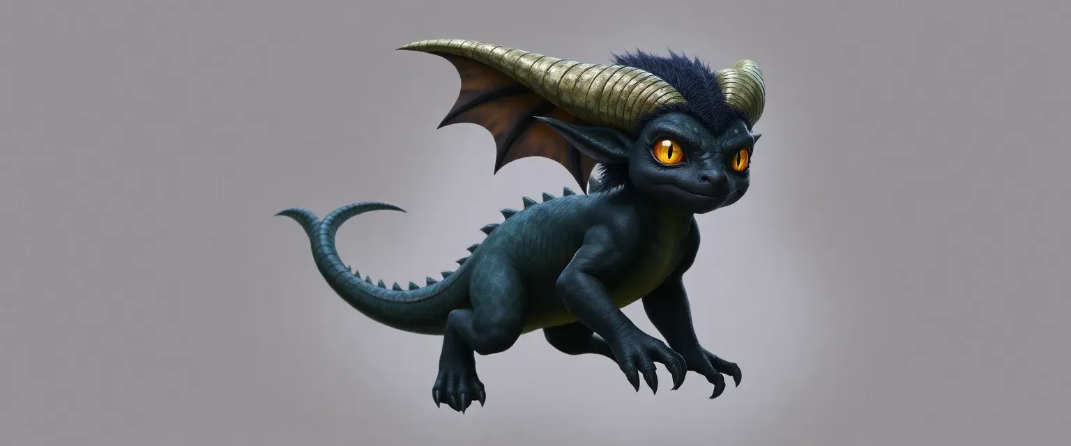 Small gargoyle with dark granite skin, black marble hair, citrine eyes, alligator tail, and sheep horns.