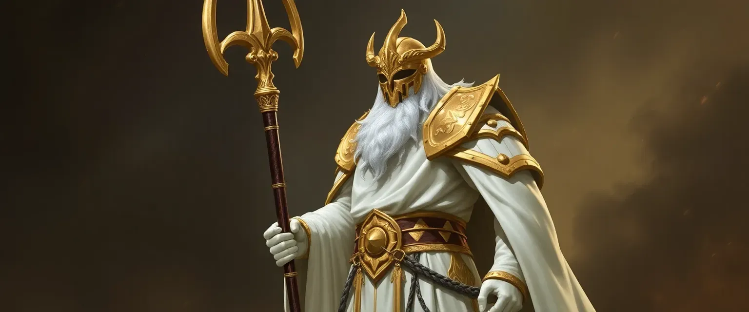 Tall god in white and gold armor, face obscured by helmet, holding a large glaive.