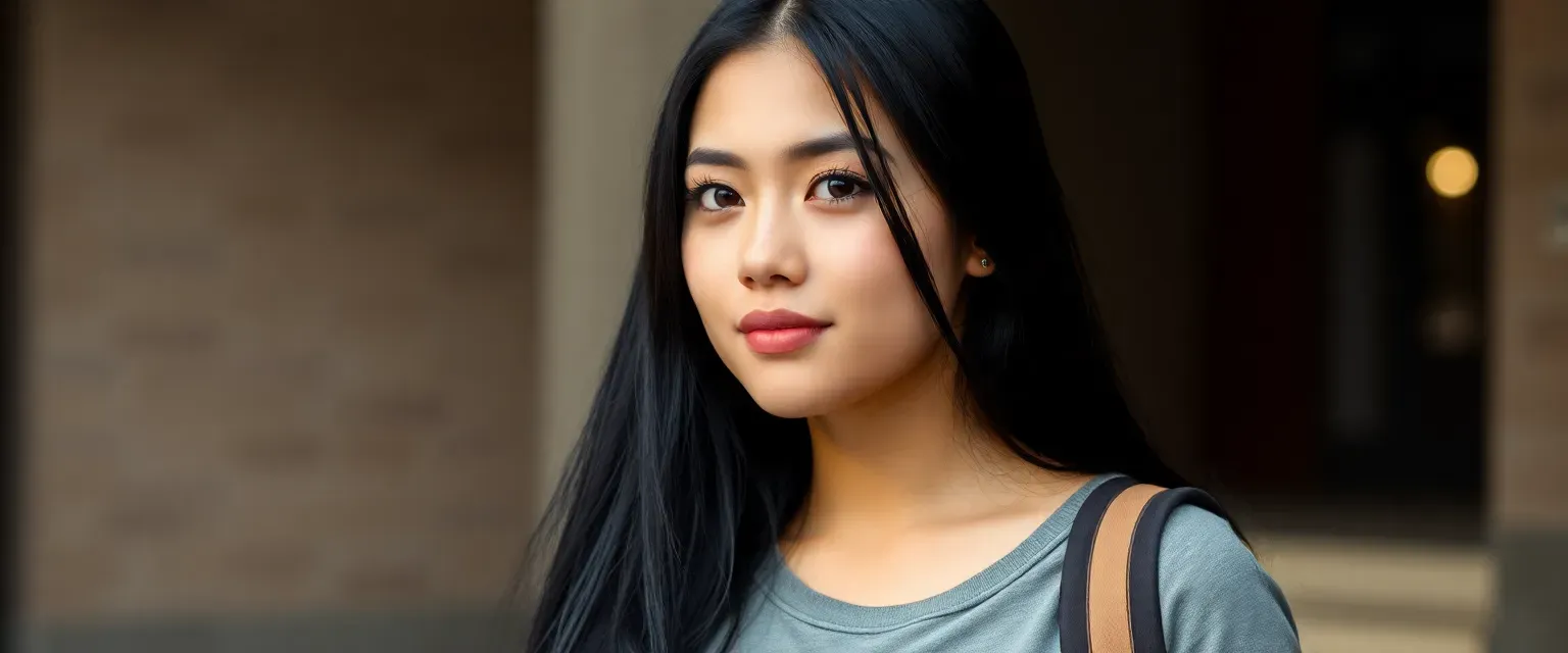 20-year-old Kazakh American woman with long black hair, dark almond eyes, average height, curvaceous figure, wearing casual student attire.