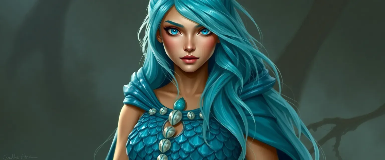 Tall woman with tan skin, seafoam and blue hair, cerulean eyes, wearing a dress of scales and shells, with a water-like cloak.