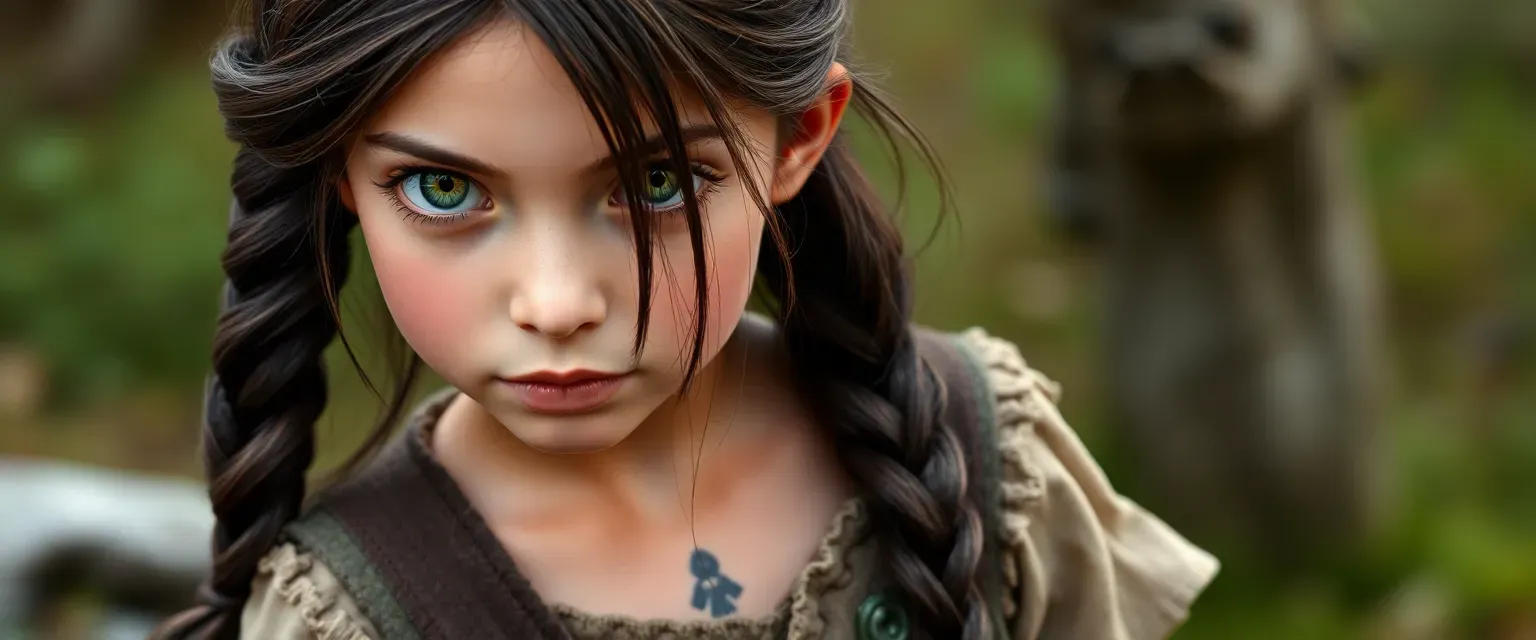 9-year-old girl with dark brown hair in a dragon/Dutch braid, striking green eyes, pale skin, and a mysterious scar on her stomach, wearing patched clothing.