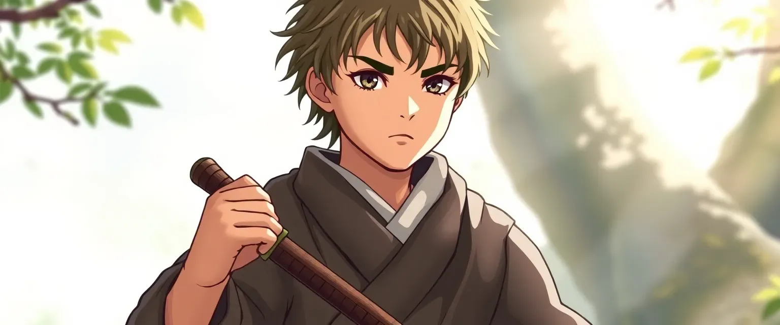 14-year-old human boy, monk attire, short sword, serene expression, surrounded by nature.