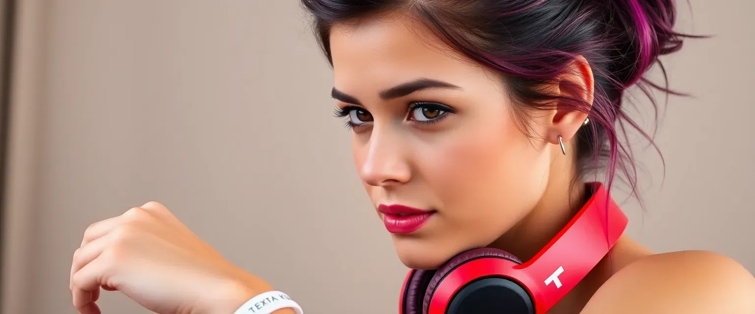 26-year-old DJ with sun-kissed skin, amber eyes, purple-highlighted dark hair in a messy bun, red 'T' headphones around neck, white 'TEXTA KuKu' silicone band on left hand.