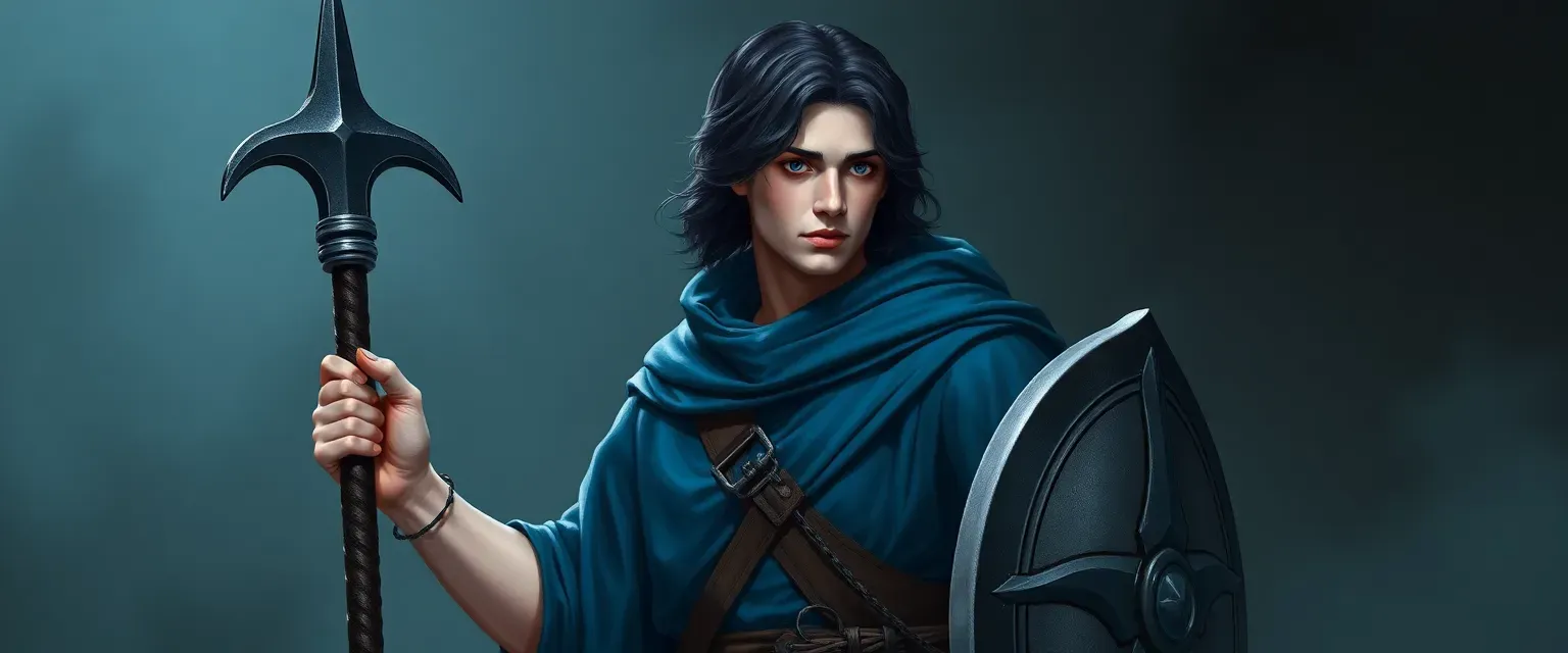 20-year-old human male, cleric of Ioun, dark hair, pale skin, blue robes, mace, shield, sling.