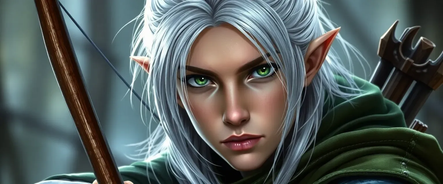 Silver-haired elf ranger with piercing green eyes, wearing a green cloak and leather armor, holding a longbow.