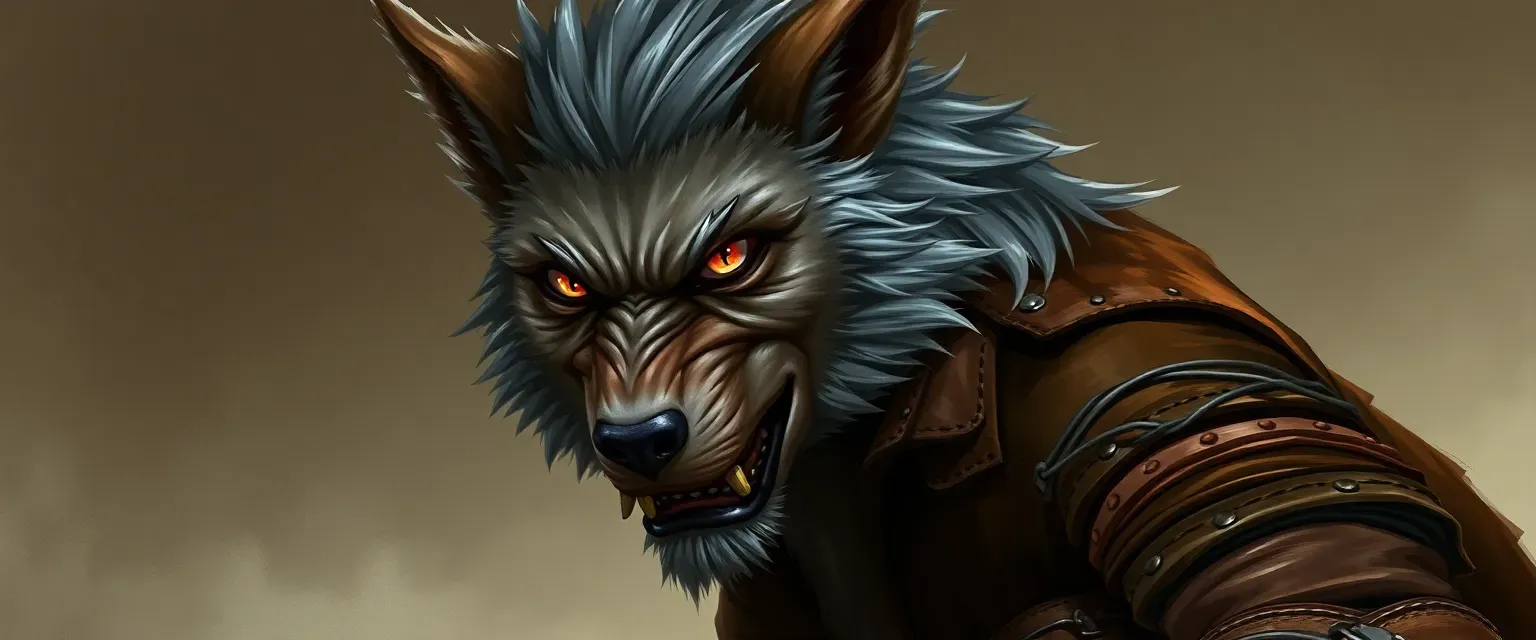 Rugged werewolf with graying hair and amber eyes, wearing a leather jacket and boots.