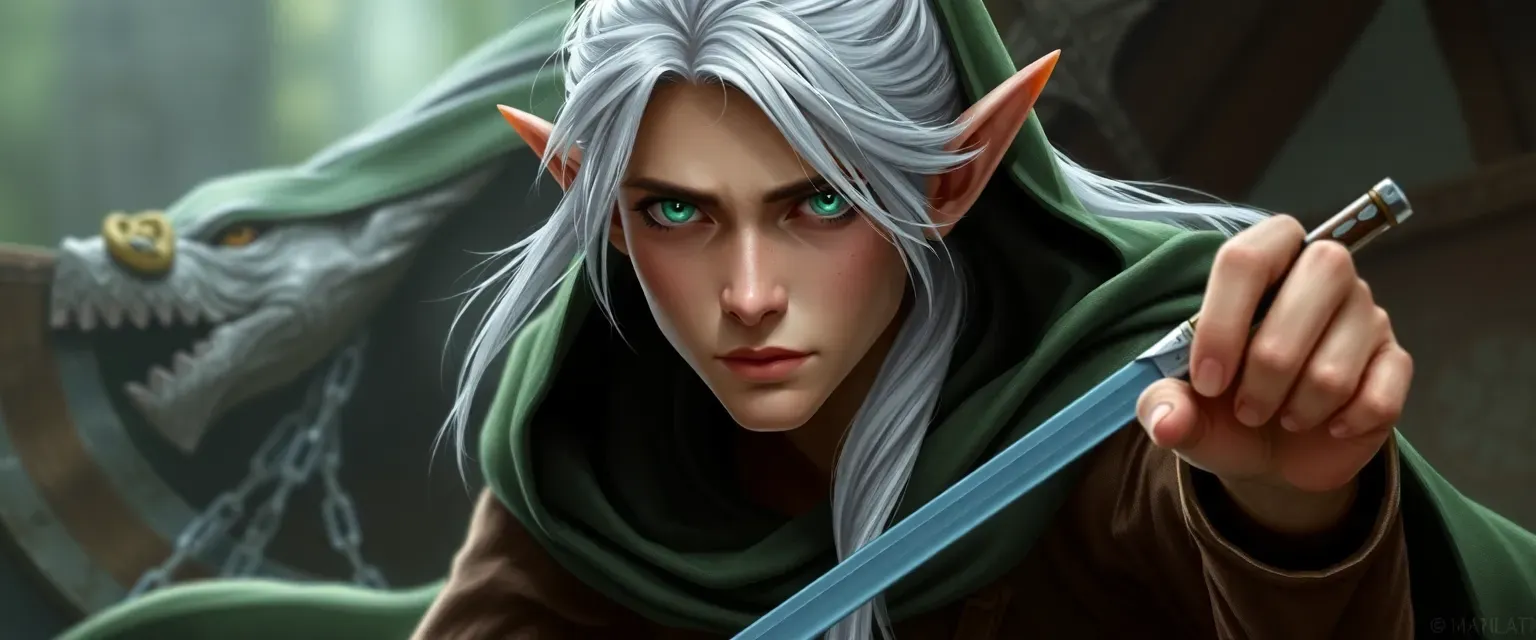 27-year-old elf wizard, slender, green and brown robes, silver hair, emerald eyes.