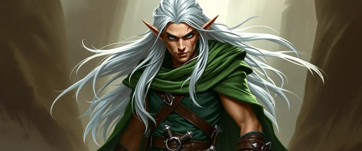 Tall 6-foot high elf rogue with long flowing silver hair, athletic build, emerald eyes, scarred jaw, wearing green leather jerkin, cloak, and daggers at belt.