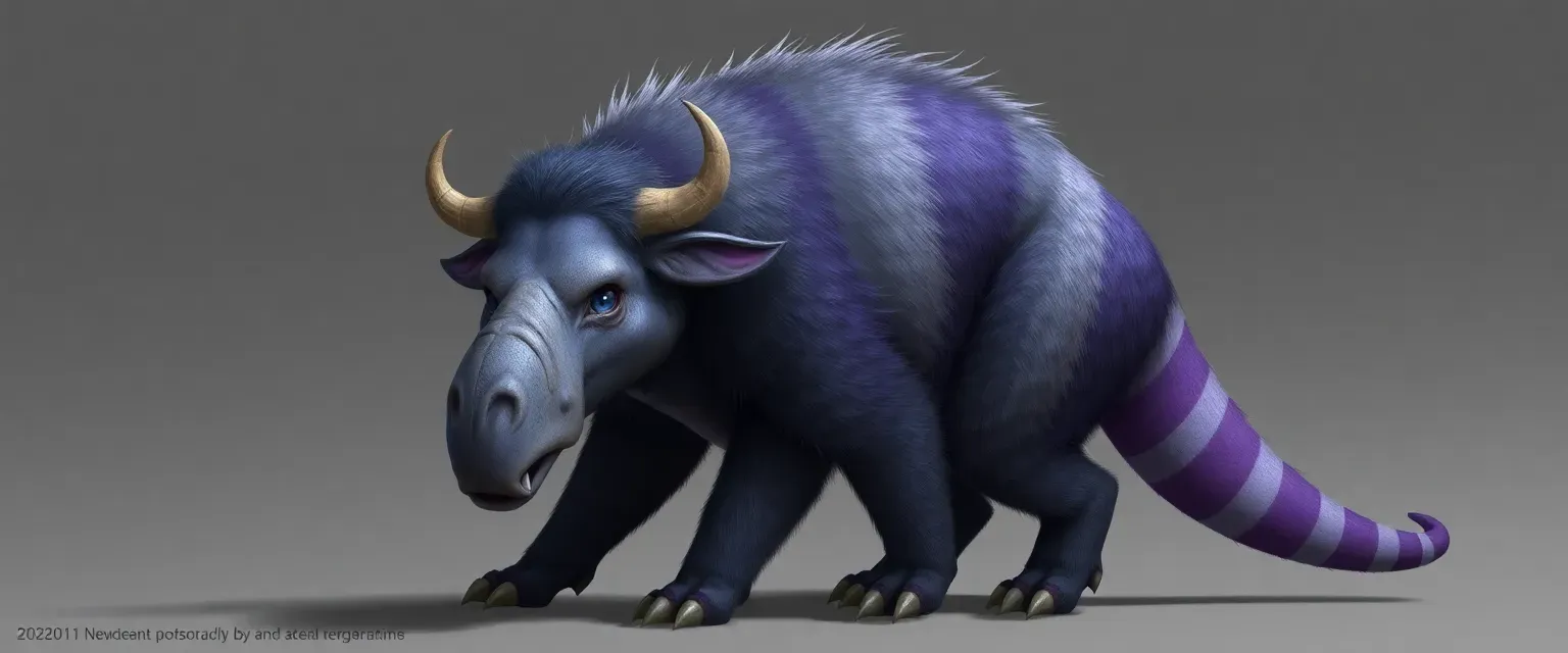 Bullish anthropomorphic Procoptodon with grey and violet striped pelt, long drooping ears, and a whitish underbelly.