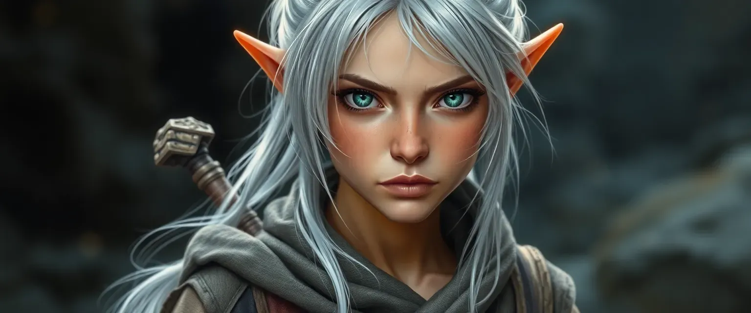 Young half-elf woman with silver hair and serene, haunted eyes, wearing a blend of monk robes and naturalistic elements, carrying a symbolic staff.