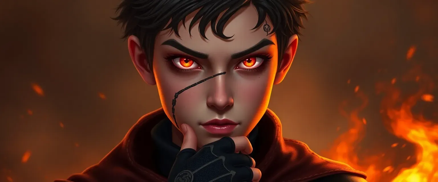 Young warlock with ember-like eyes, a jaw scar, wearing a rune-lined coat and fingerless gloves.