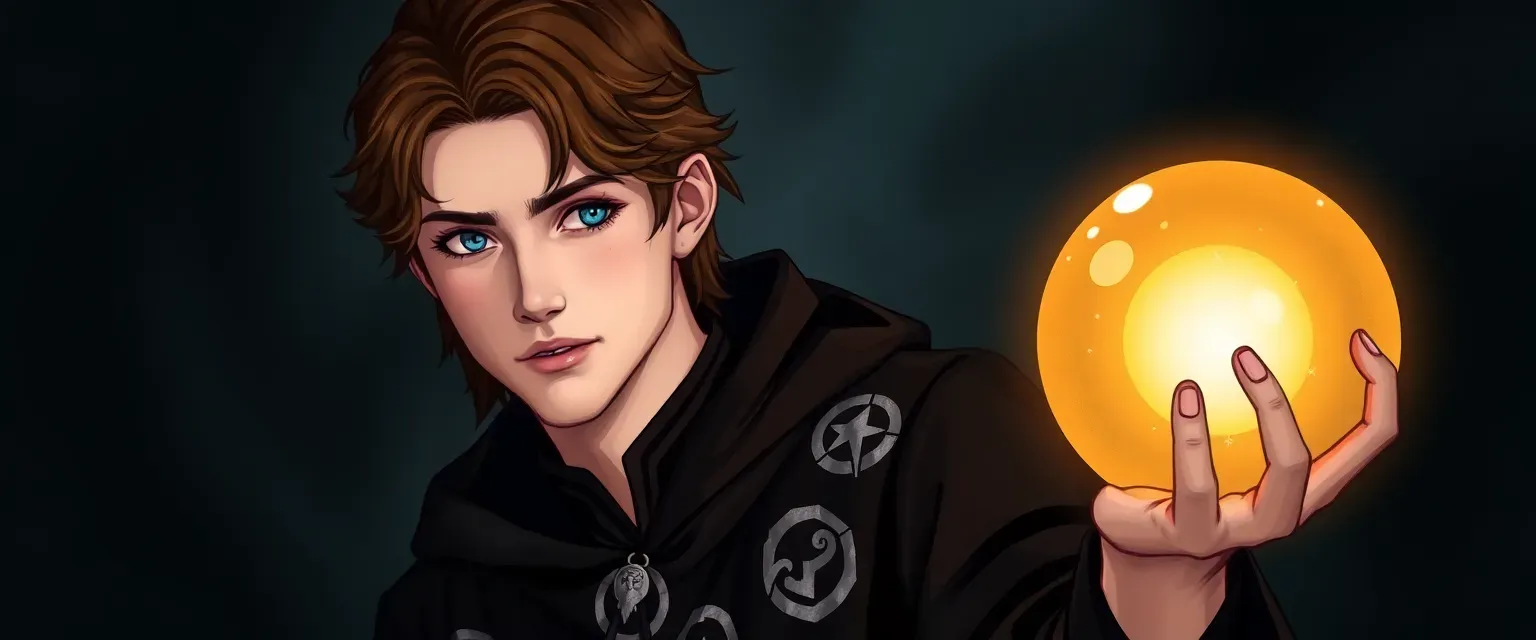 24-year-old male with brown hair and blue eyes, wearing a dark robe with silver runes, holding an orb.