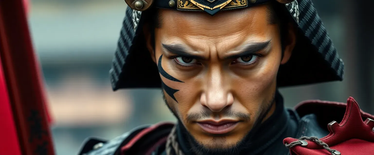 A young samurai warrior in his late 20s, wearing battle-worn traditional armor, with a distinctive scar across his left cheek and intense dark eyes reflecting inner turmoil.