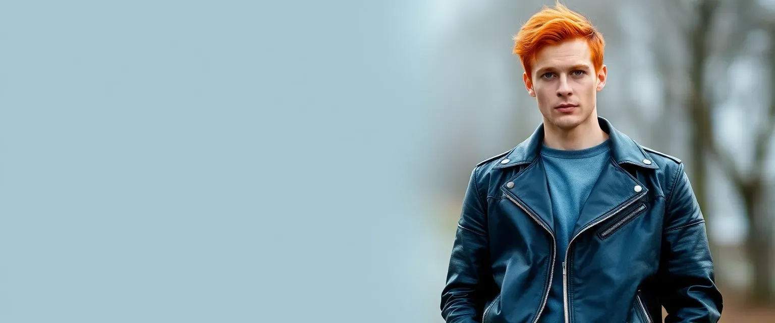 A man in his early 30s with fiery red hair, green eyes, wearing a leather jacket and jeans, standing at six feet.