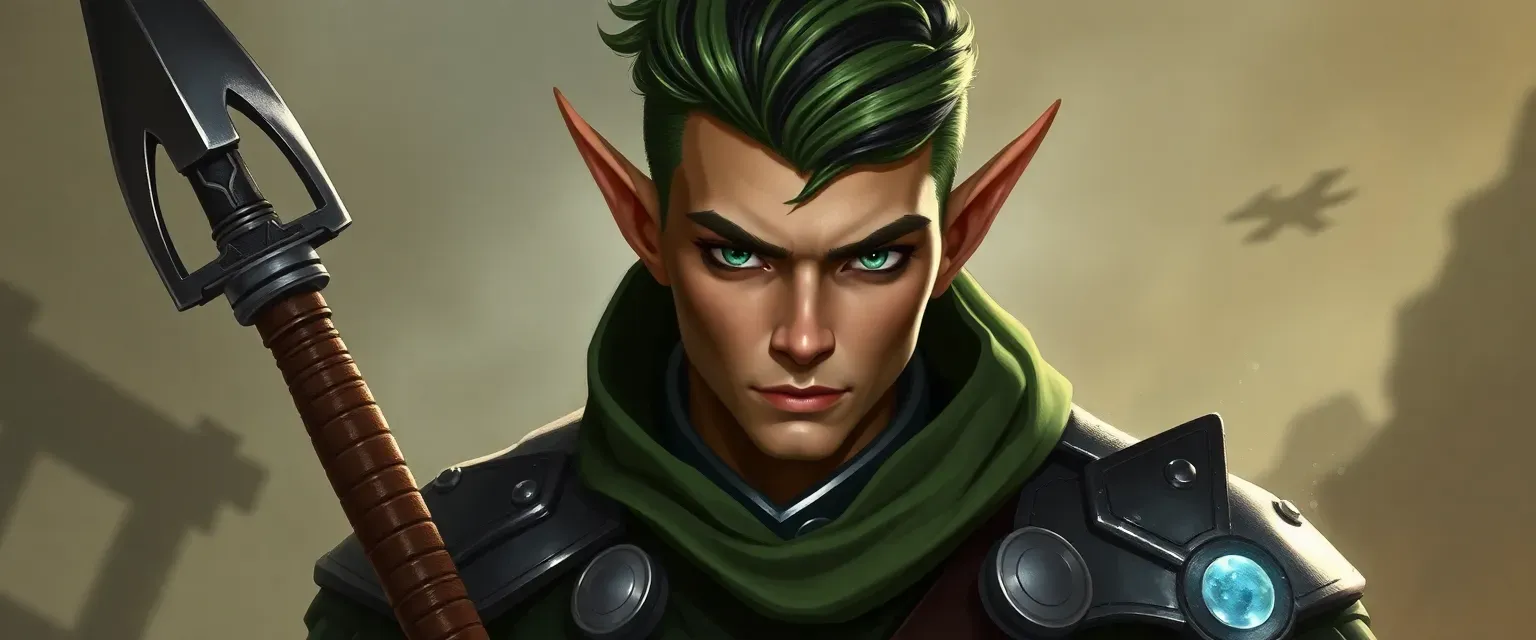 Elf soldier artificer, 127 years old, 5'9'', lean muscles, green hair with black highlights, short haircut with pompadour, green eyes, royal army commander.