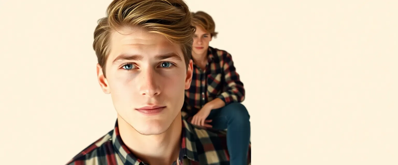 28-year-old hipster with light brown hair, blue eyes, wearing flannel, skinny jeans, and retro sneakers.