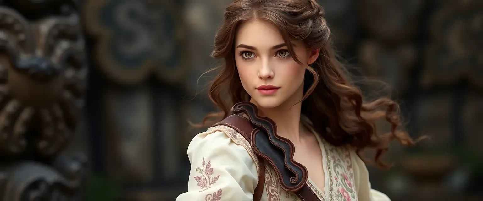 19-year-old Princess Emma with brown wavy hair, hazel eyes, wearing a flowing embroidered dress, carrying a bow.