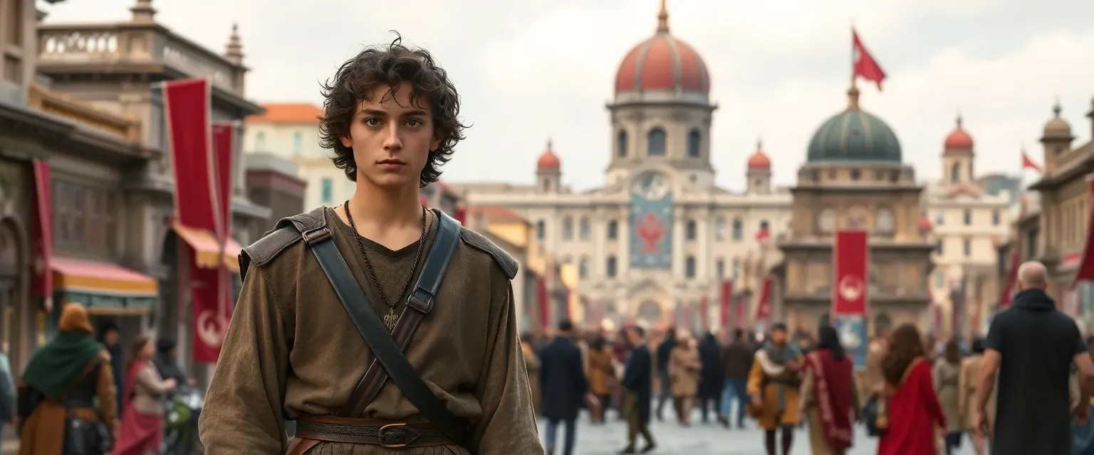18-year-old Alexios with emerald eyes and dark, curly hair, dressed in a worn tunic and breeches, stands tall and lean in a bustling Byzantine city.