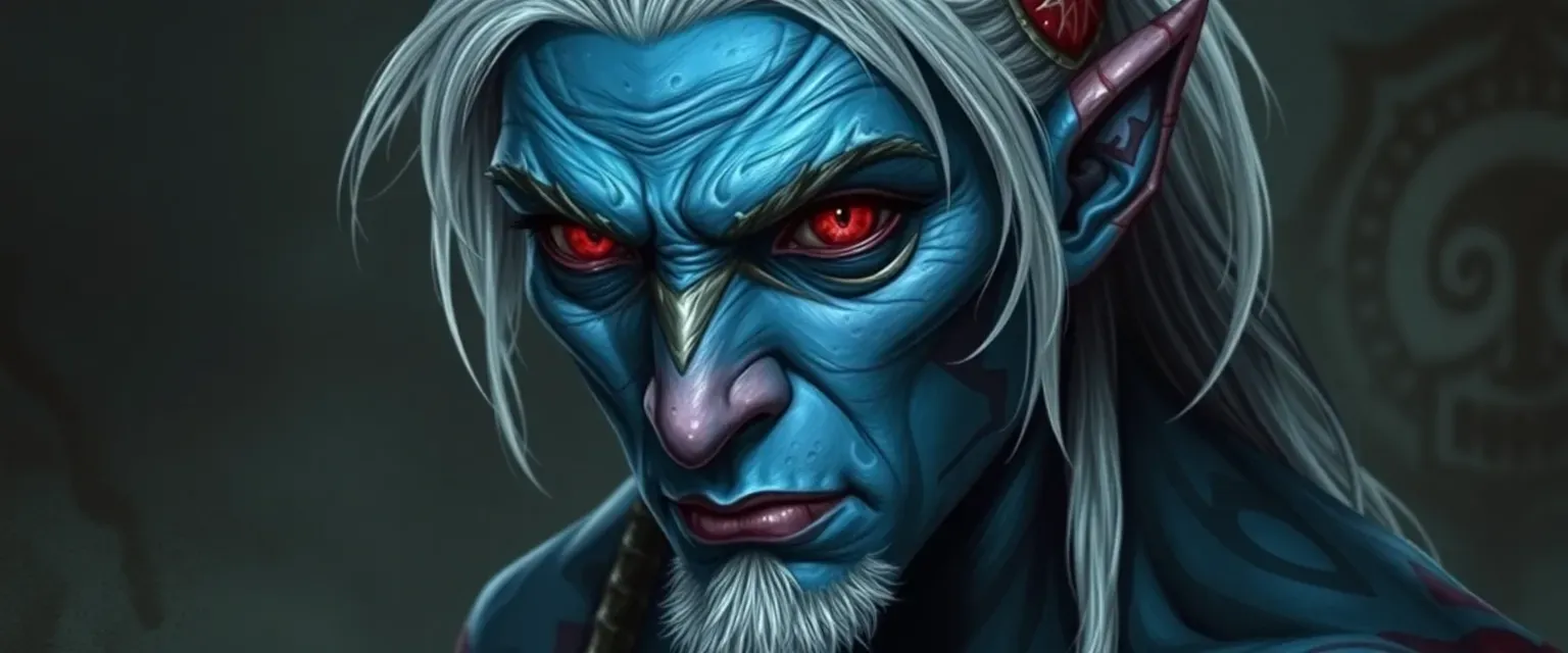 Male drow with blue skin, crimson eyes, silver hair, adorned with tattoos, a cannibal with a chilling calm demeanor.